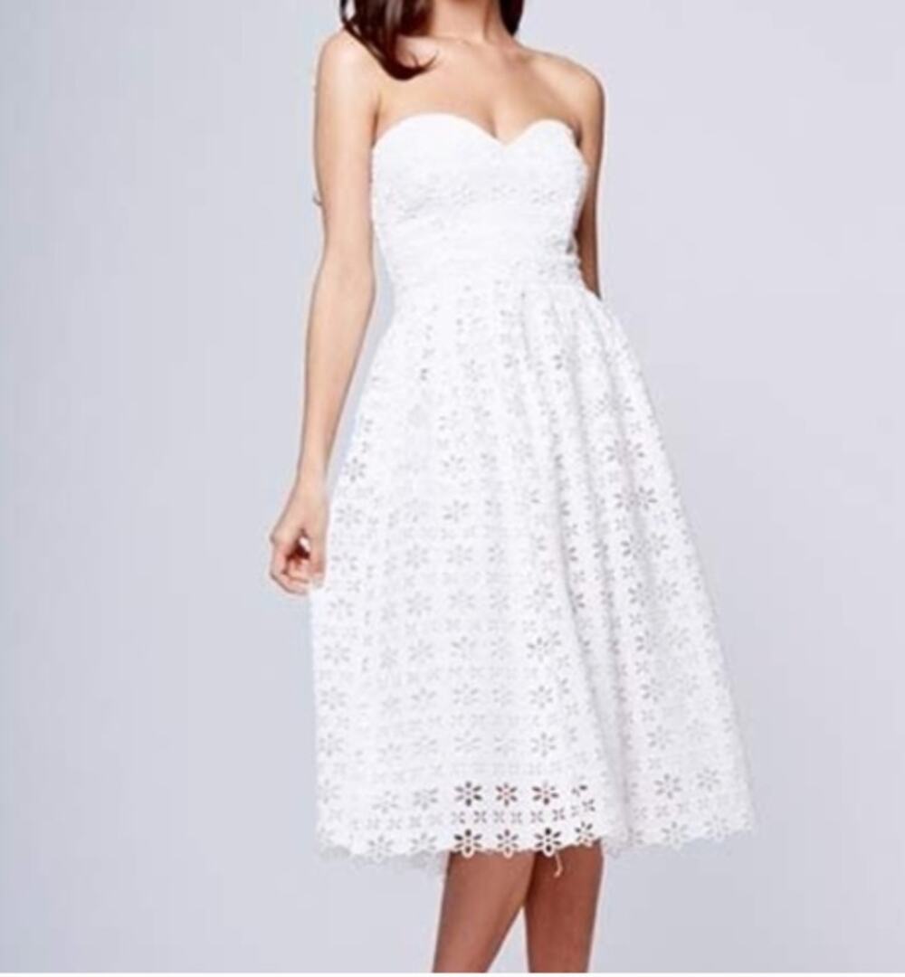 Yumi Kim White XOXO Eyelet Strapless Fit & Flare Midi Dress - Size L Sweetheart